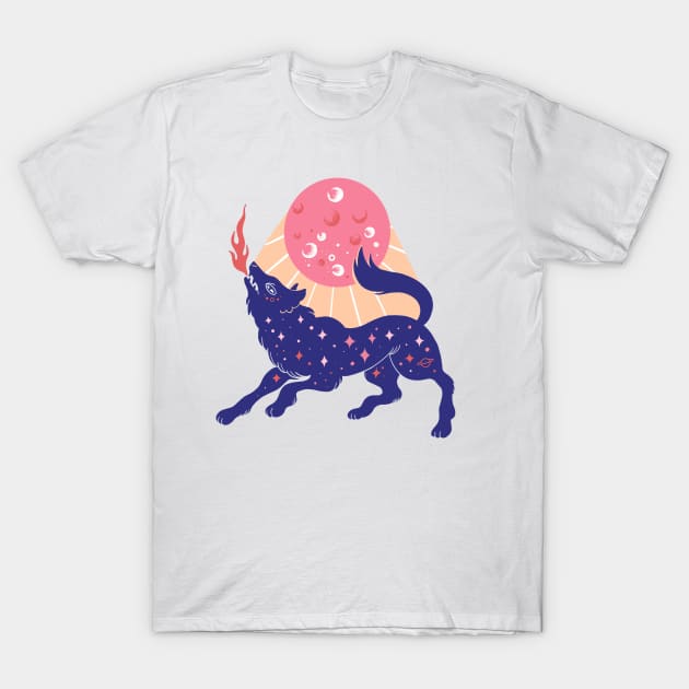 Pink full moon and cosmic wolf T-Shirt by Paolavk